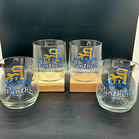 Vintage 70s 80s University of Pittsburgh Pitt Panthers Bar Glasses Set of 4 - Picture 1 of 10